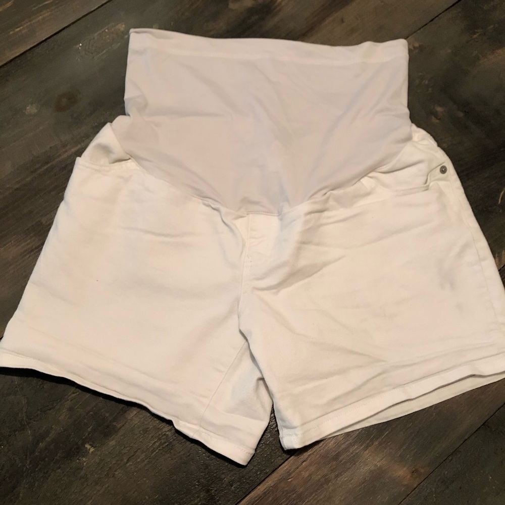 White Stretch Denim Maternity Shorts